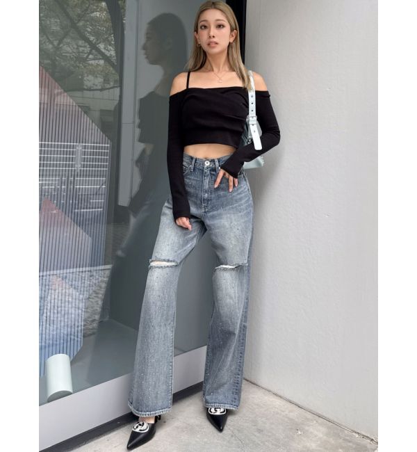 GYDA「ハイウエストKNEEダメージbijouワイドデニムパンツ」|デニム|