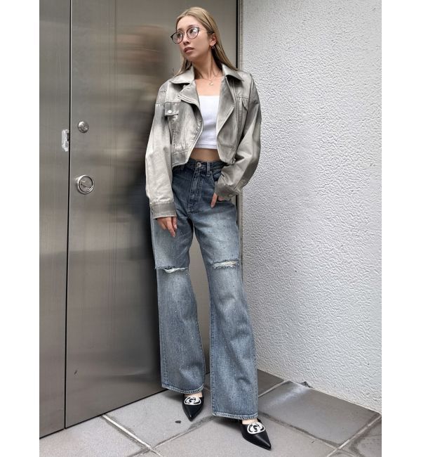 GYDA「ハイウエストKNEEダメージbijouワイドデニムパンツ」|デニム|