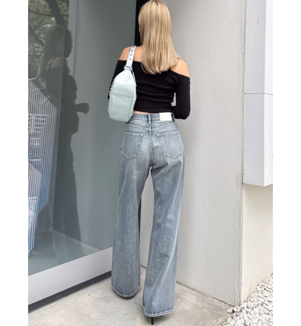 GYDA「ハイウエストKNEEダメージbijouワイドデニムパンツ」|デニム|