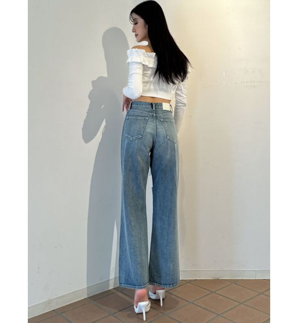 GYDA「ハイウエストKNEEダメージbijouワイドデニムパンツ」|デニム|