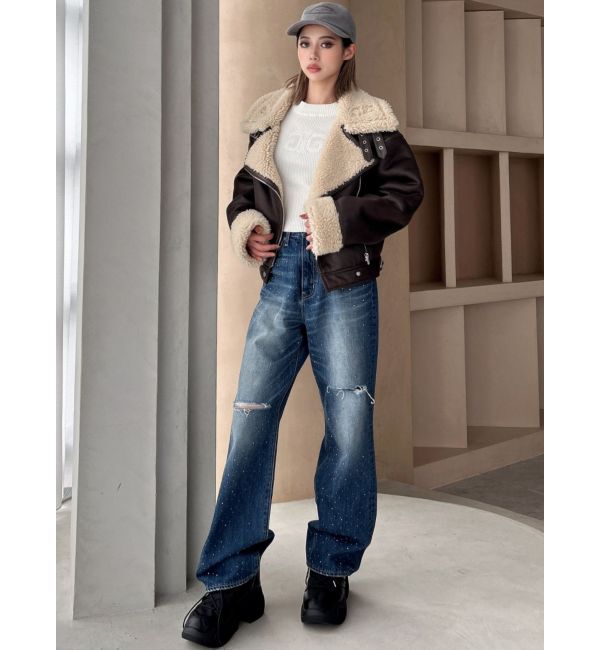 GYDA「ハイウエストKNEEダメージbijouワイドデニムパンツ」|デニム|