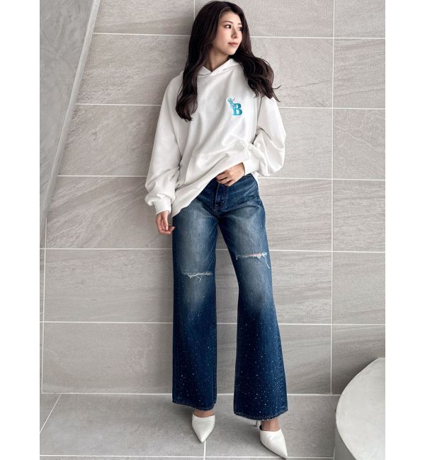 GYDA「ハイウエストKNEEダメージbijouワイドデニムパンツ」|デニム|