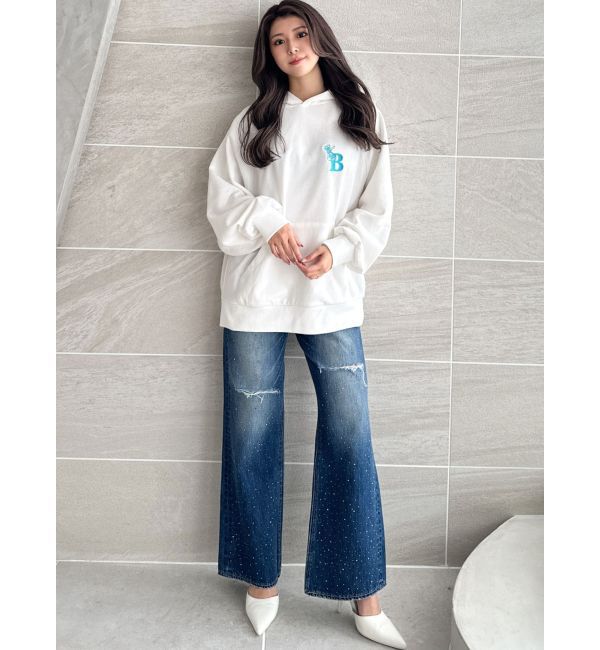 GYDA「ハイウエストKNEEダメージbijouワイドデニムパンツ」|デニム|