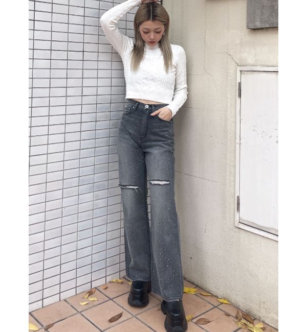 GYDA「ハイウエストKNEEダメージbijouワイドデニムパンツ」|デニム|