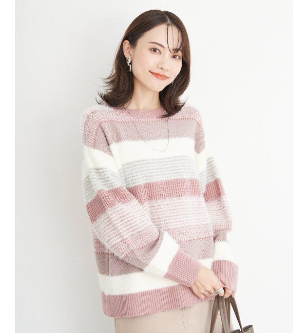 ikka「フェザー切り替えボーダーニットプルオーバー」|プルオーバー|ピンク