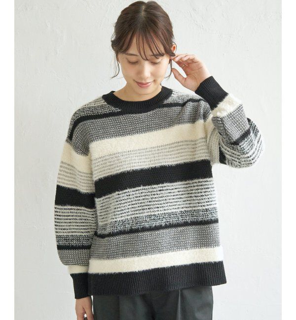 ikka「フェザー切り替えボーダーニットプルオーバー」|プルオーバー|ブラック