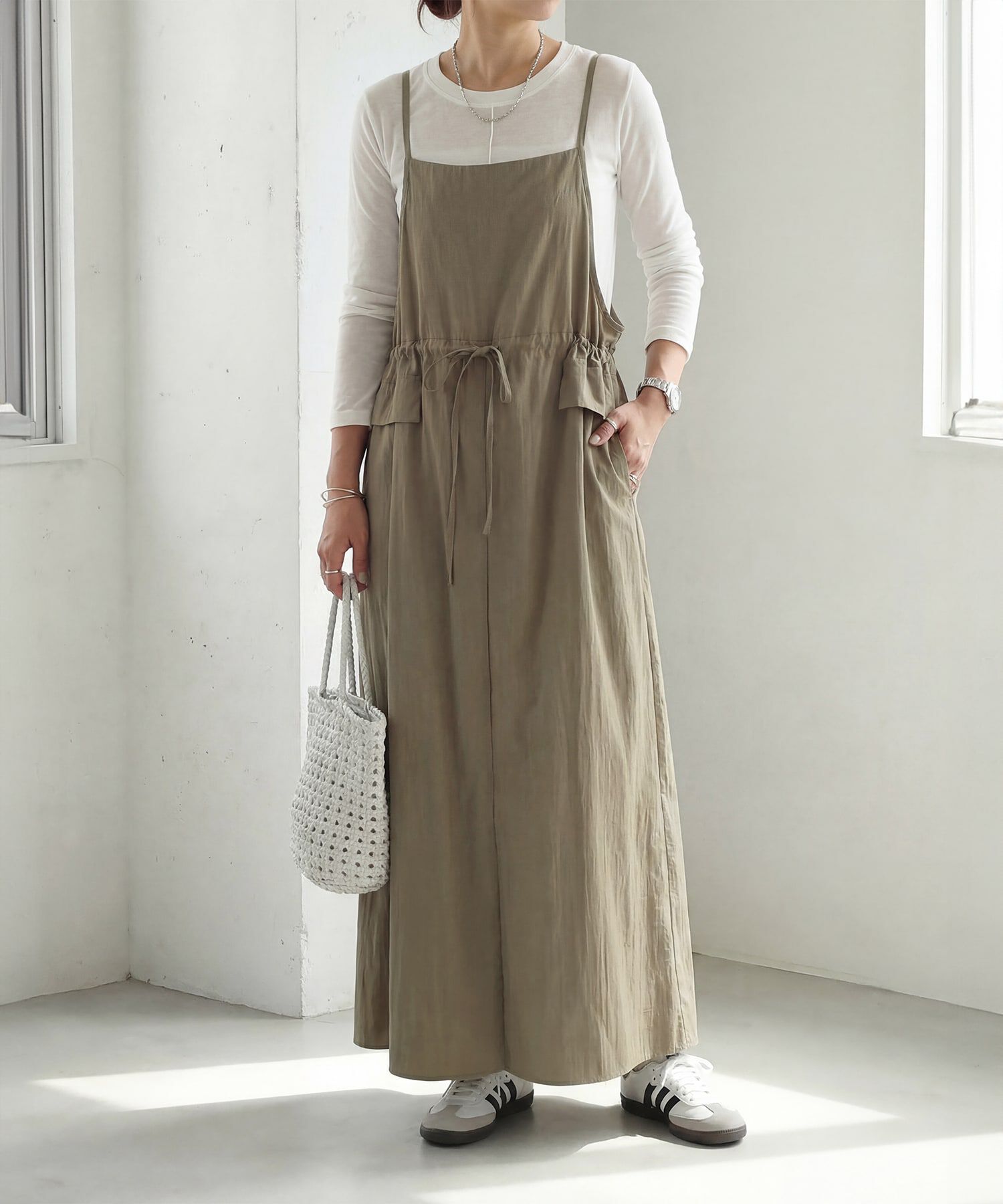 STYLE DELI「ソリッドジャンパースカート」|ジャンパースカート|オリーブベージュ