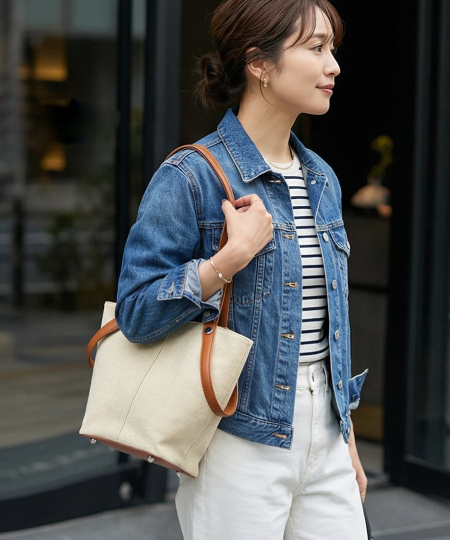 STYLE DELI「【DELI by】縦ラインキャンバス&times;リアルレザーバケットトート」|ショルダー・メッセンジャー|