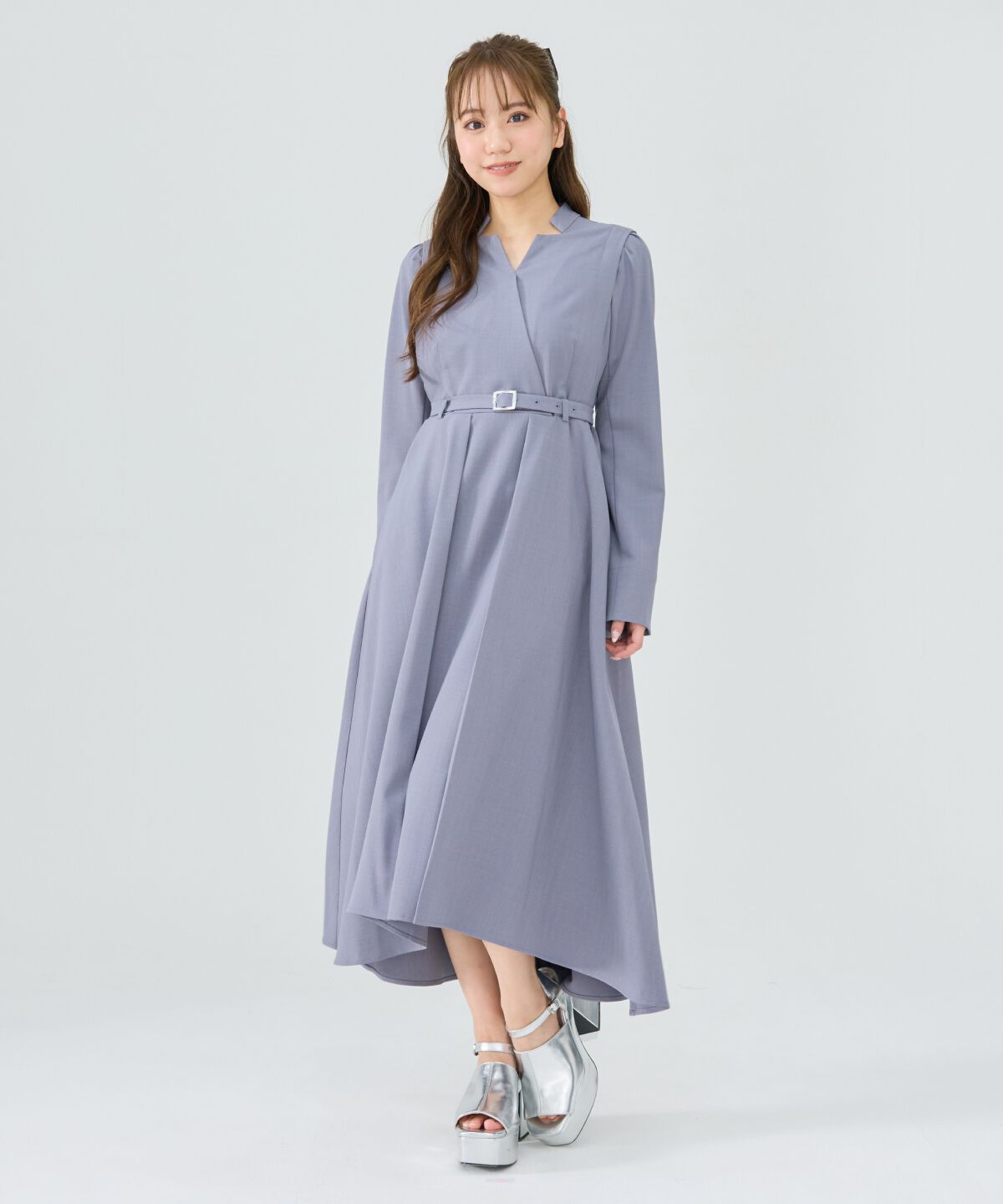 REDYAZEL「シャドウラメストライプカシュクールワンピース」|ワンピース|グレー