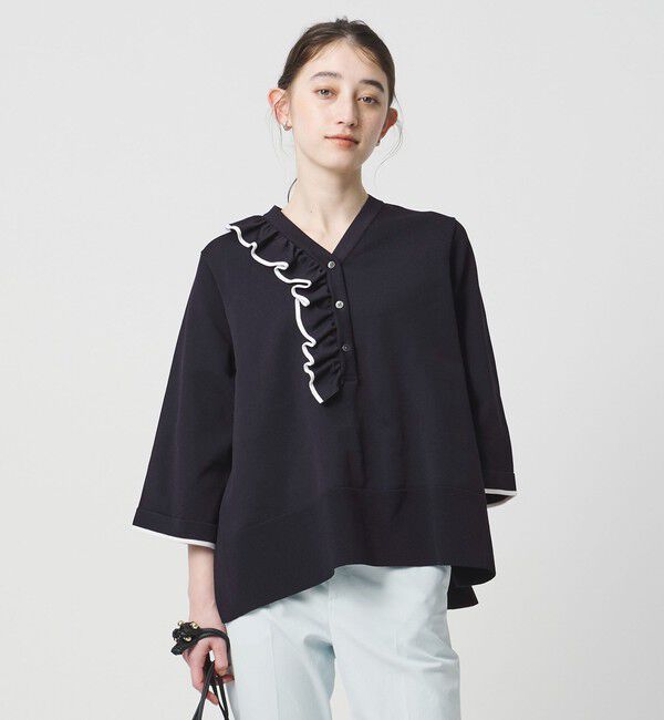 UNITED ARROWS「ミニマル Vネックフリル プルオーバー」|ニット・セーター|NAVY