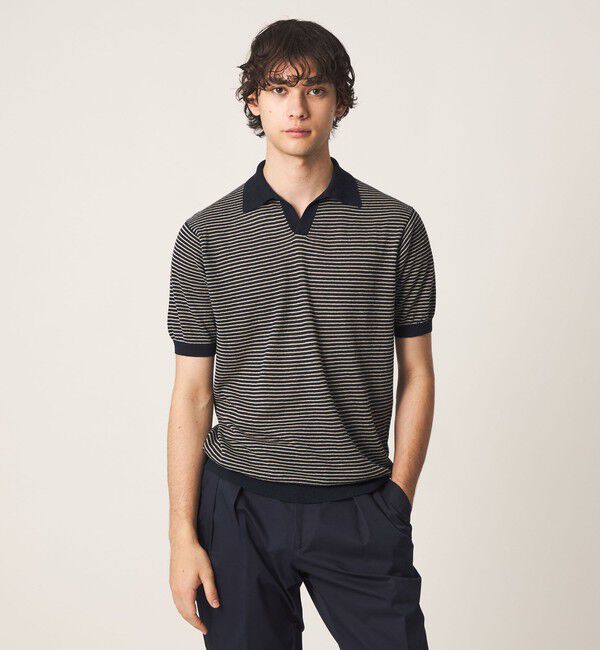 UNITED ARROWS「リネン/コットン ボーダー スキッパー ポロシャツ」|ポロシャツ|NAVY