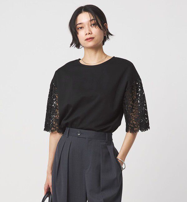 UNITED ARROWS green label relaxing「袖レース ドッキング プルオーバー カットソー」|Tシャツ・カットソー|BLACK