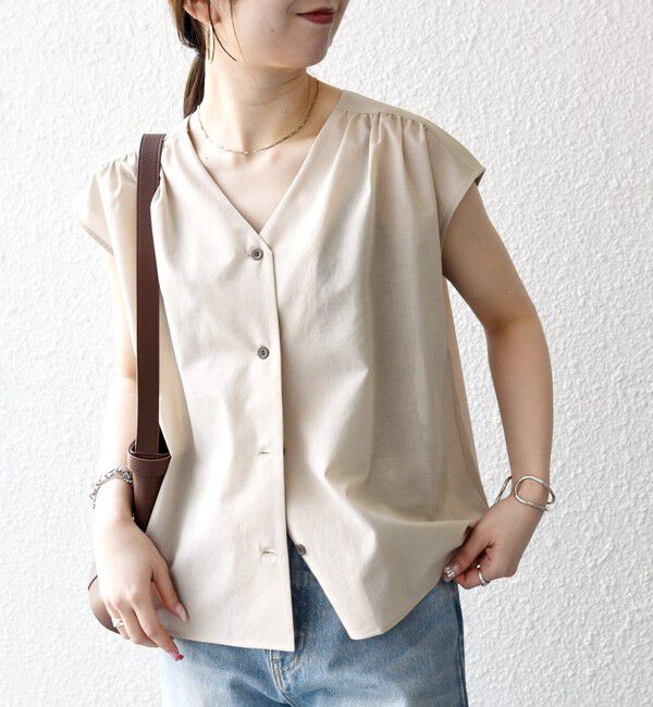 SHIPS any「《予約》SHIPS any:〈洗濯機可能〉Vネック フレンチ ギャザー ブラウス」|シャツ・ブラウス|