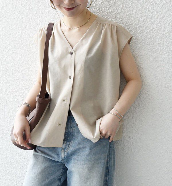 SHIPS any「《予約》SHIPS any:〈洗濯機可能〉Vネック フレンチ ギャザー ブラウス」|シャツ・ブラウス|