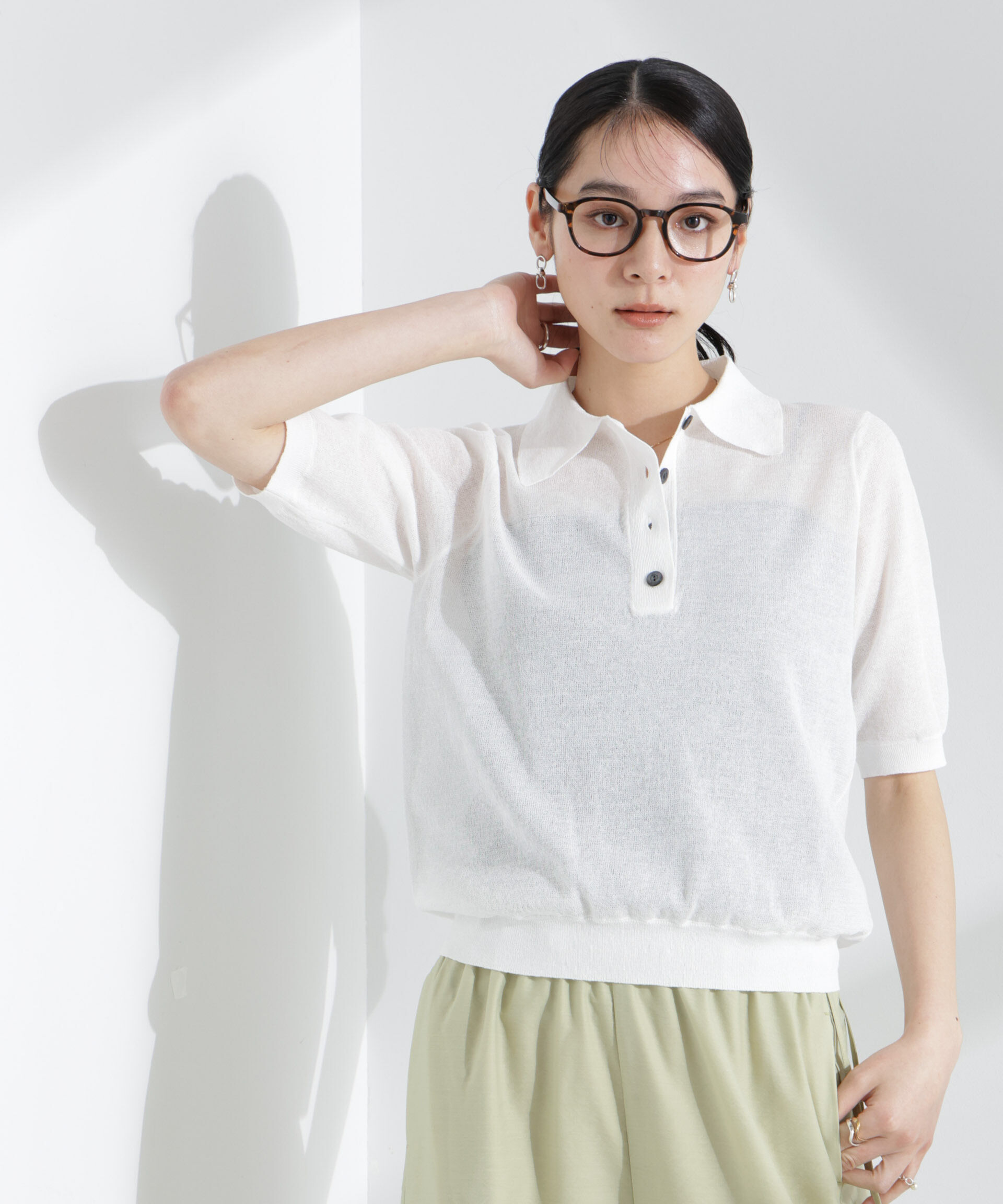 nano･universe「シアーミラノリブニットポロ」|ニット・セーター|ホワイト