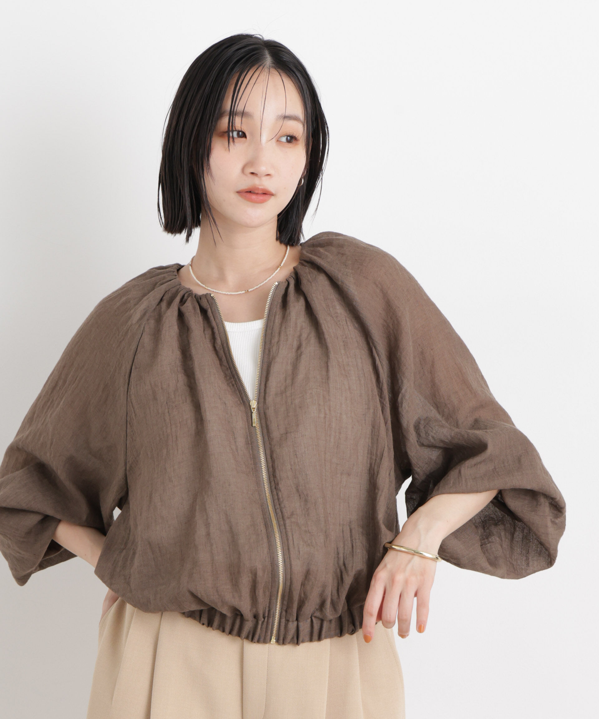 nano･universe「TCボイルジップアップギャザーブルゾン(セットアップ可)」|ブルゾン・スタジャン|ブラウン