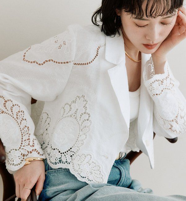  「予約【着映え】カットワークショートジャケット」|テーラードジャケット|オフホワイト