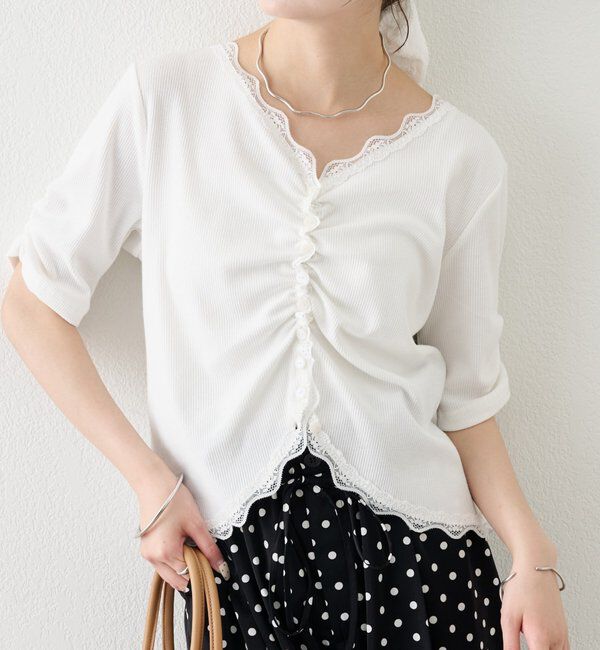  「半袖ギャザーリブカーディガン」|Tシャツ・カットソー|オフホワイト