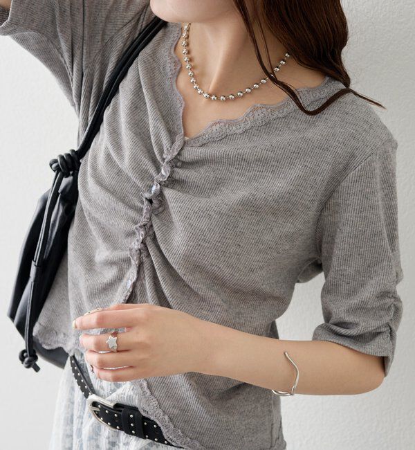  「半袖ギャザーリブカーディガン」|Tシャツ・カットソー|