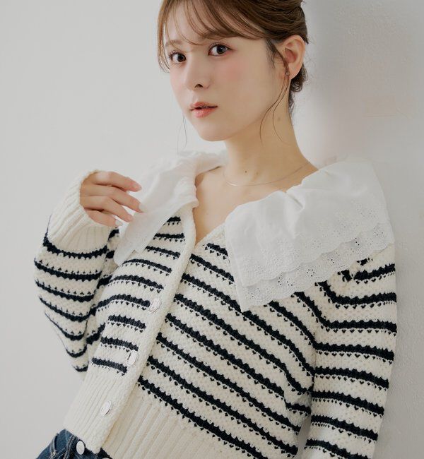  「【SALON by Chico】フリルダブルカラー柄編みカーディガン」|カーディガン|ホワイトその他2