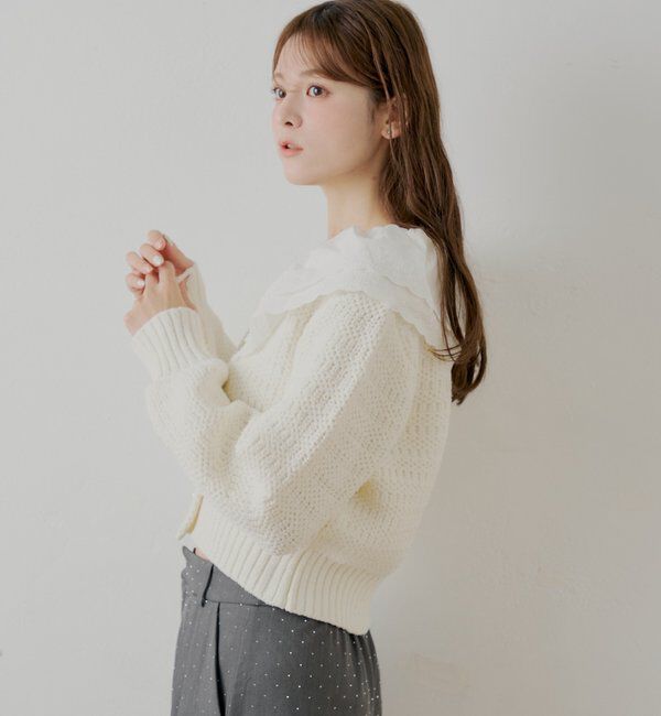  「【SALON by Chico】フリルダブルカラー柄編みカーディガン」|カーディガン|