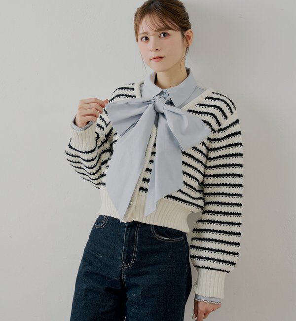  「【SALON by Chico】フリルダブルカラー柄編みカーディガン」|カーディガン|