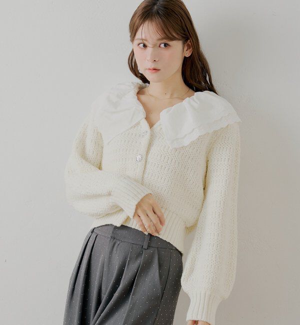  「【SALON by Chico】フリルダブルカラー柄編みカーディガン」|カーディガン|