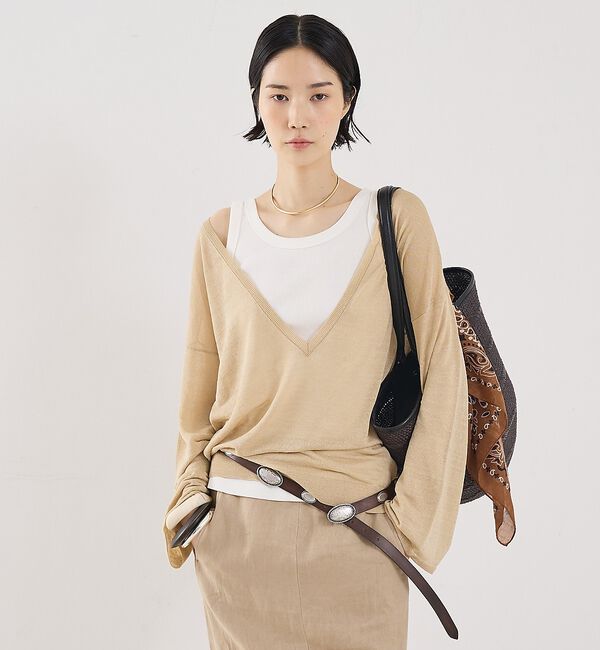 The Store by C' 「【COCUCA】リネンVネックニット」|ニット・セーター|ベージュ