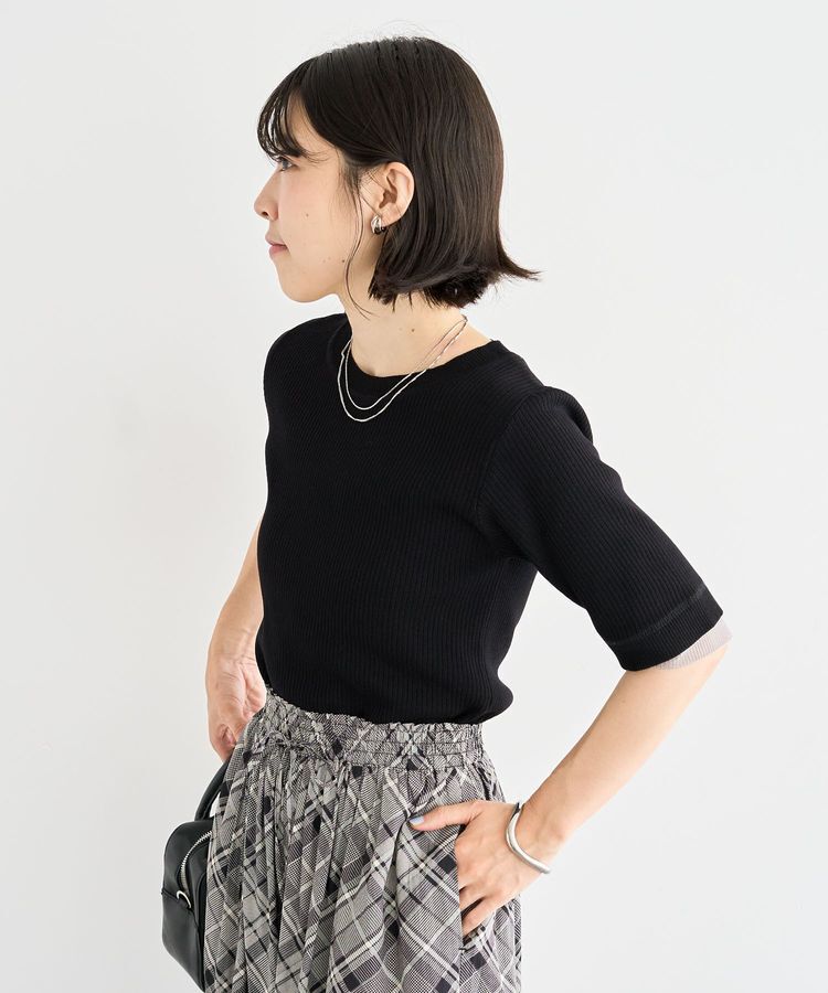 Green Parks「袖レイヤー5分袖ニットプルオーバー」|ニット・セーター|Black