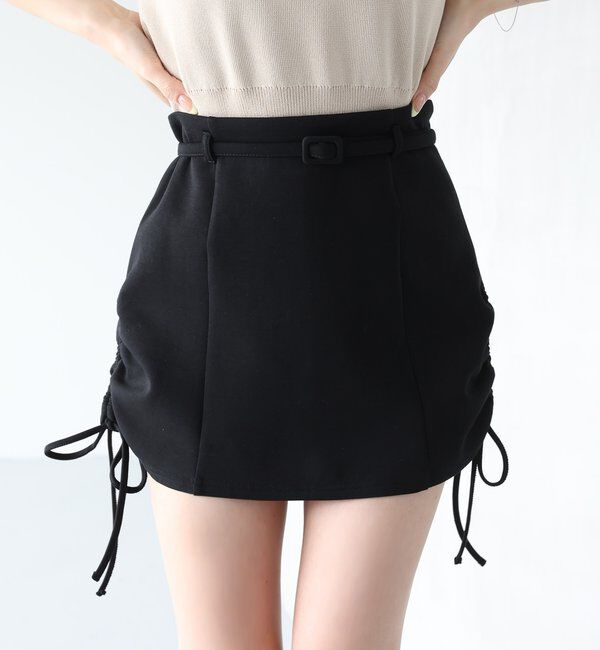  「ベルト付きサイドドロストミニスカート」|スカート|ブラック
