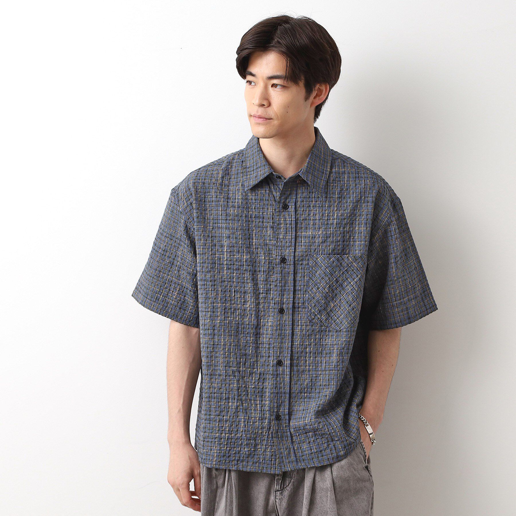 THE SHOP TK「シアサッカーチェックシャツ 【洗濯機OK】」|シャツ・ブラウス|ネイビー(294)