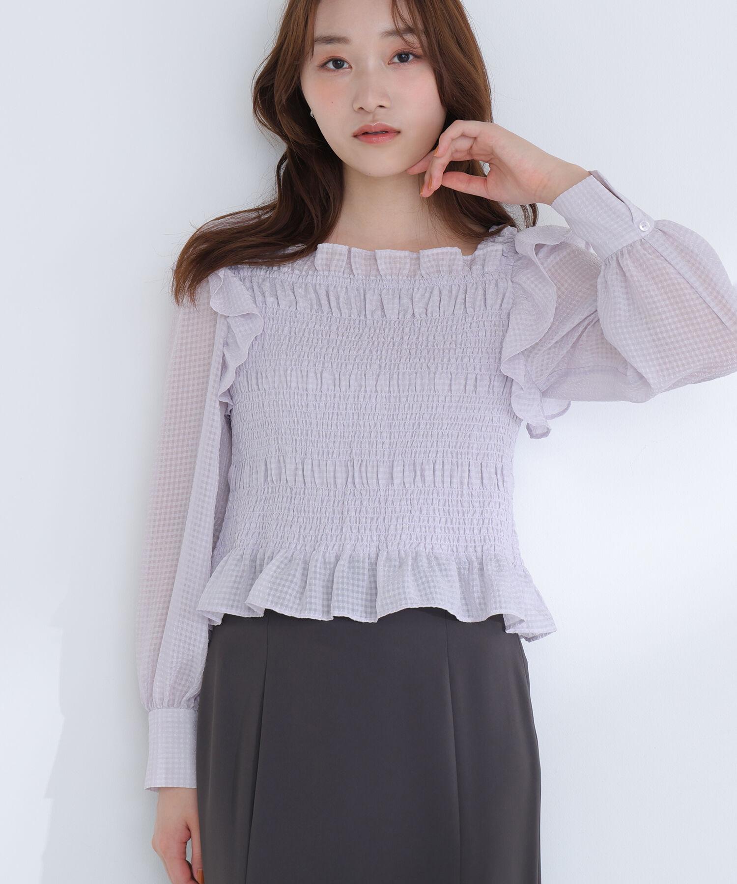  「シアーチェックシャーリングブラウス」|シャツ・ブラウス|ラベンダー
