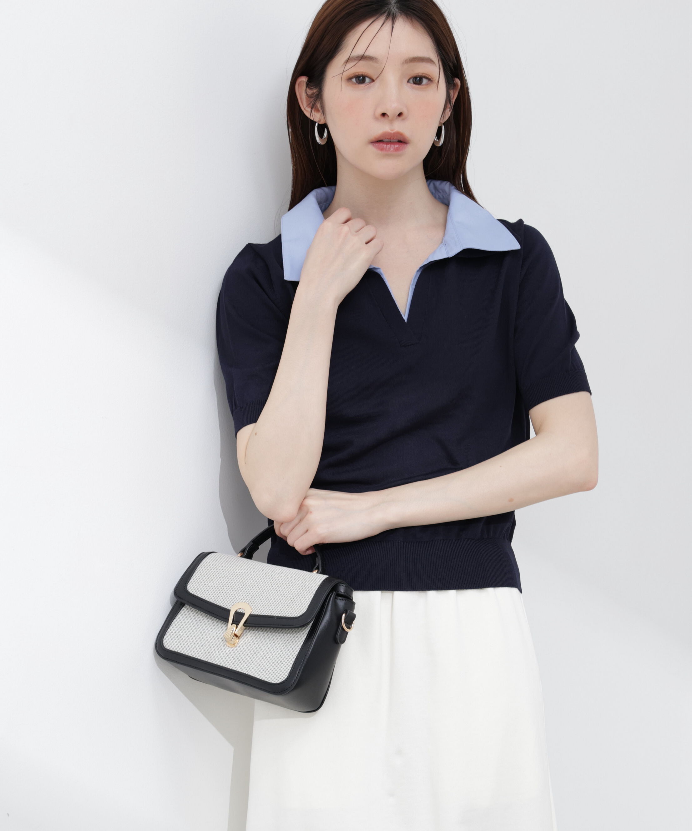 PROPORTION BODY DRESSING「〈a/mie〉レイヤード風ポロニット 26SS」|カーディガン|ネイビー&times;ブル