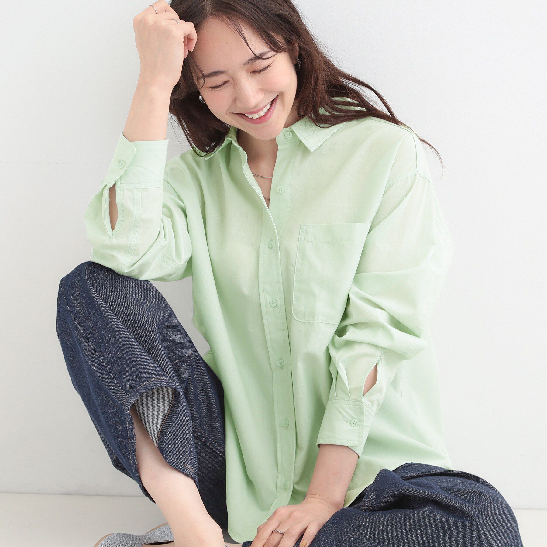 SHOO･LA･RUE「【選べる色・柄/S-LL】通年使える レギュラーカラーシャツ」|シャツ・ブラウス|ミントグリーン(02