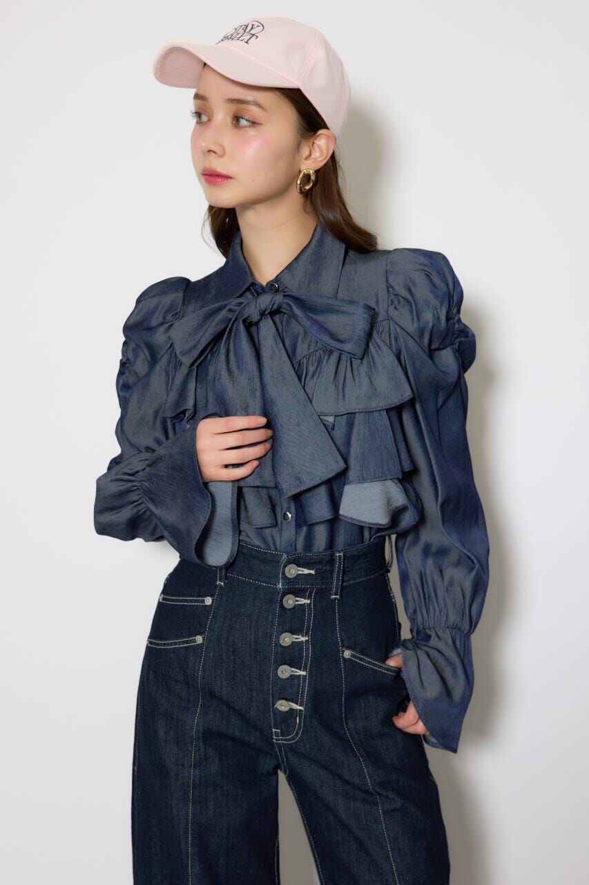 rienda「BIGリボンダンガリーパターンブラウス」|シャツ・ブラウス|