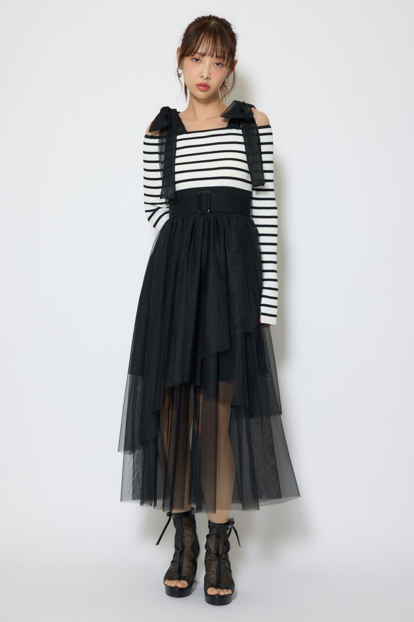 rienda「ショルダーリボンチュールニットワンピース」|ワンピース|