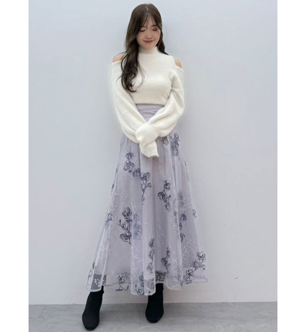 MERCURYDUO「オープンショルダーミニシャギーニット」|ニット・セーター|