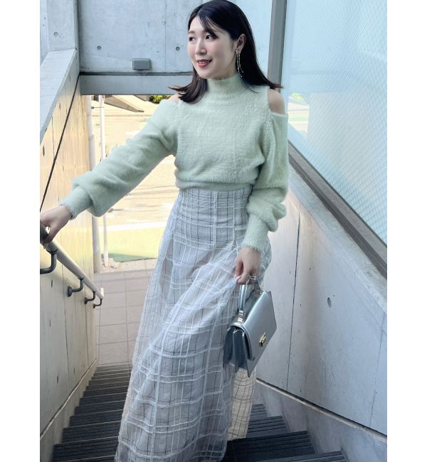 MERCURYDUO「オープンショルダーミニシャギーニット」|ニット・セーター|