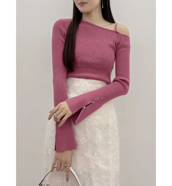 MERCURYDUO「【追加生産】アシメパールチェーンワンショルニット」|ニット・セーター|ピンク