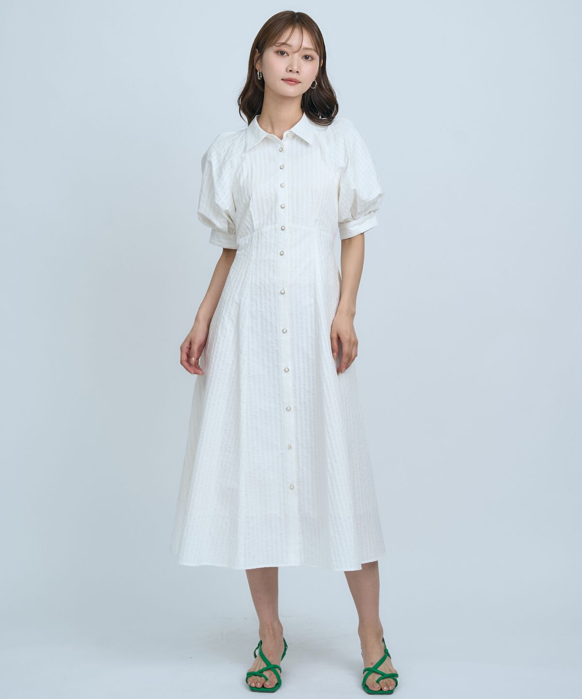 アンドクチュール「ボリュームスリーブストライプワンピース」|ワンピース|