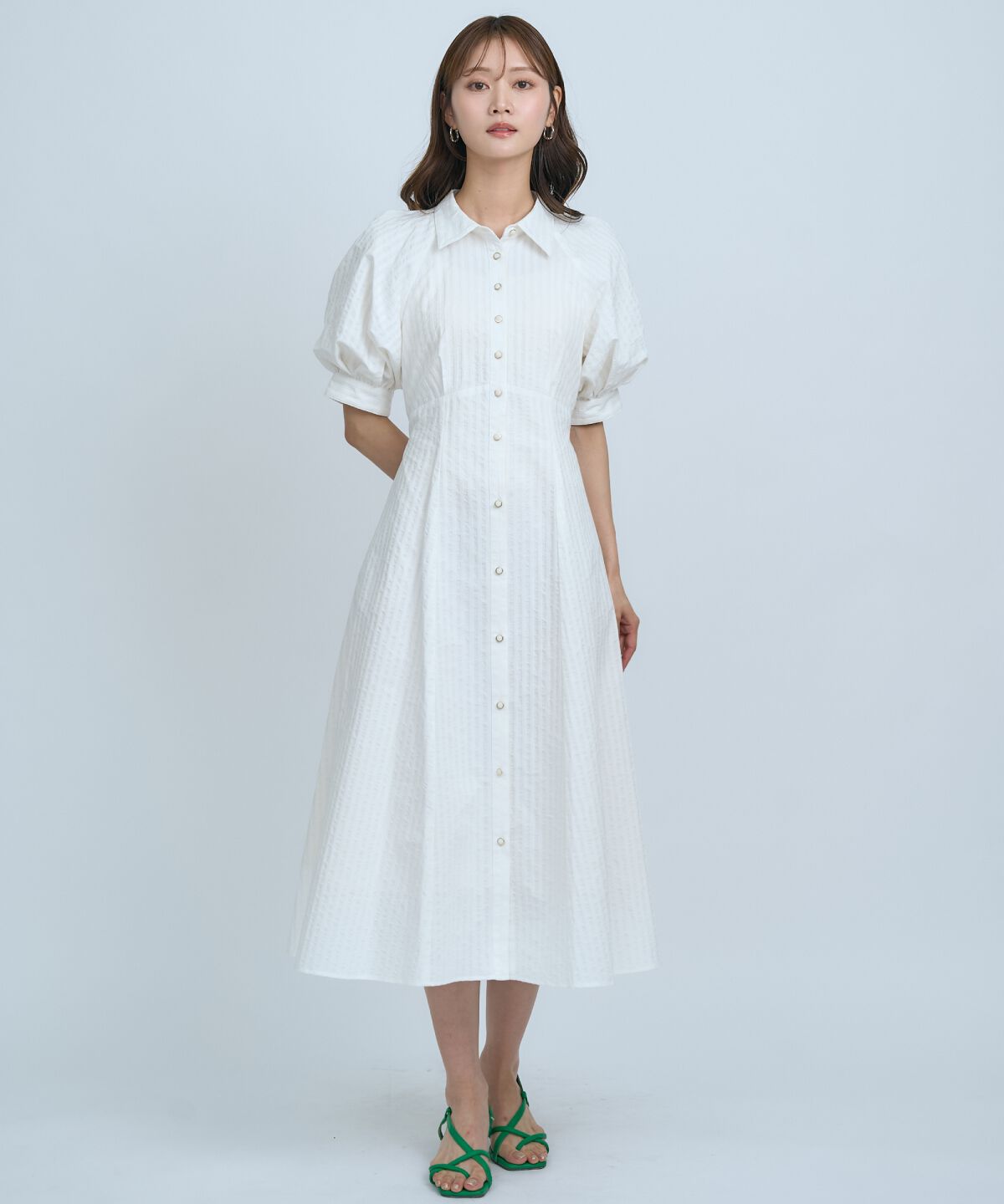 アンドクチュール「ボリュームスリーブストライプワンピース」|ワンピース|