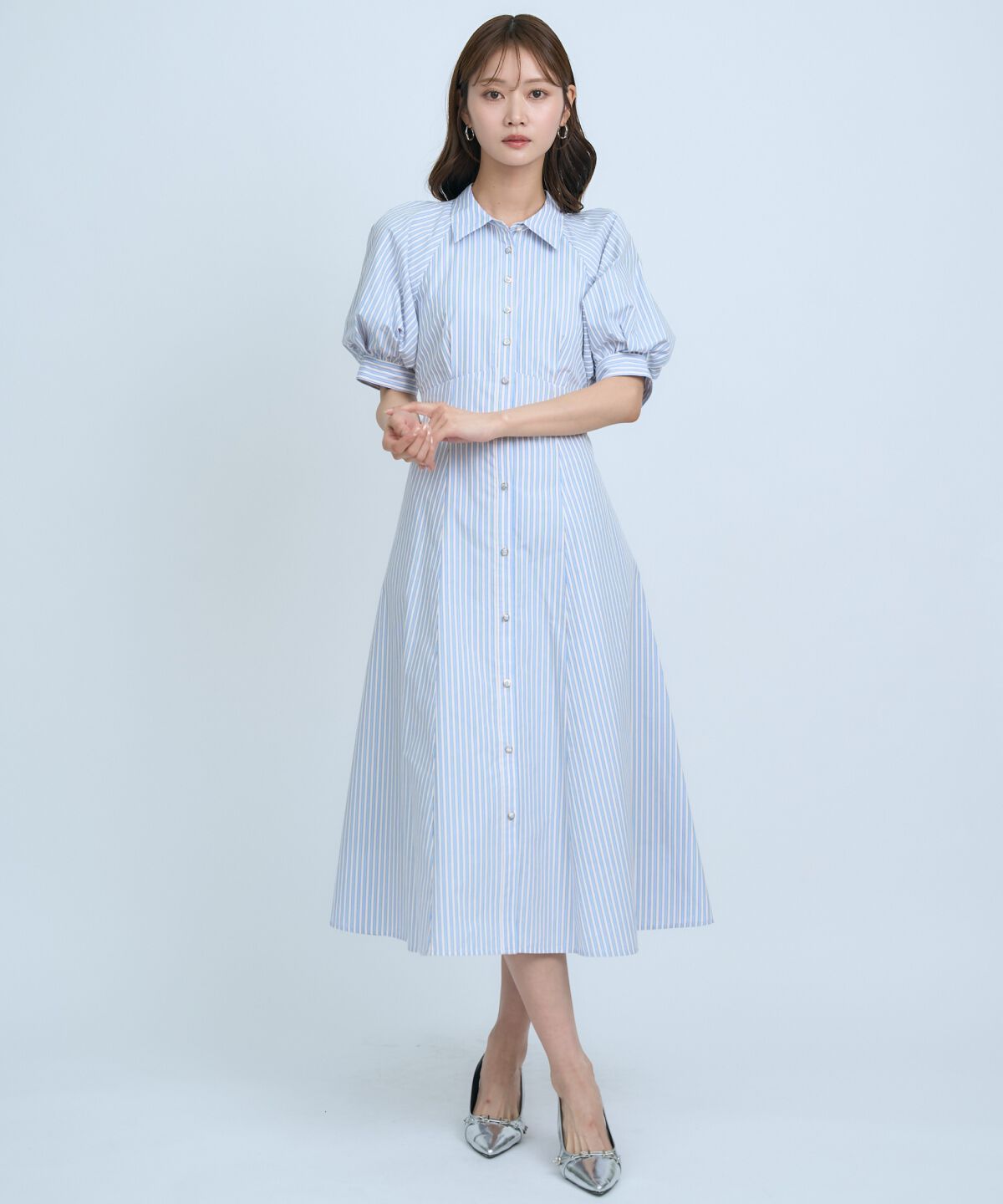 アンドクチュール「ボリュームスリーブストライプワンピース」|ワンピース|