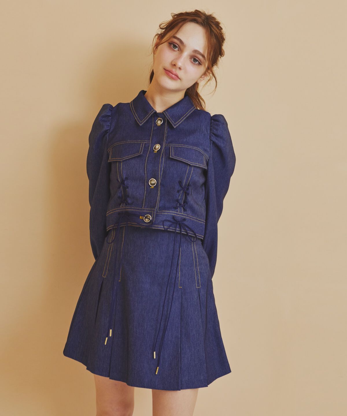 REDYAZEL「デニムライクタックプリーツミニスカート」|フレア|ネイビー