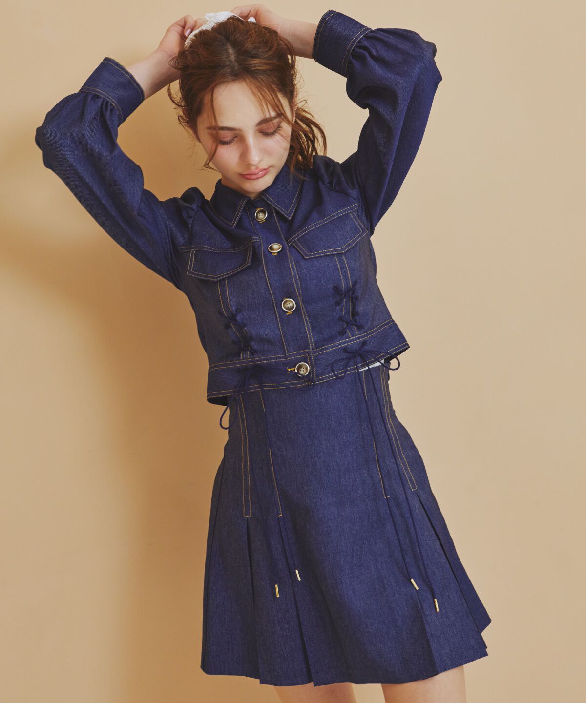 REDYAZEL「デニムライクタックプリーツミニスカート」|フレア|