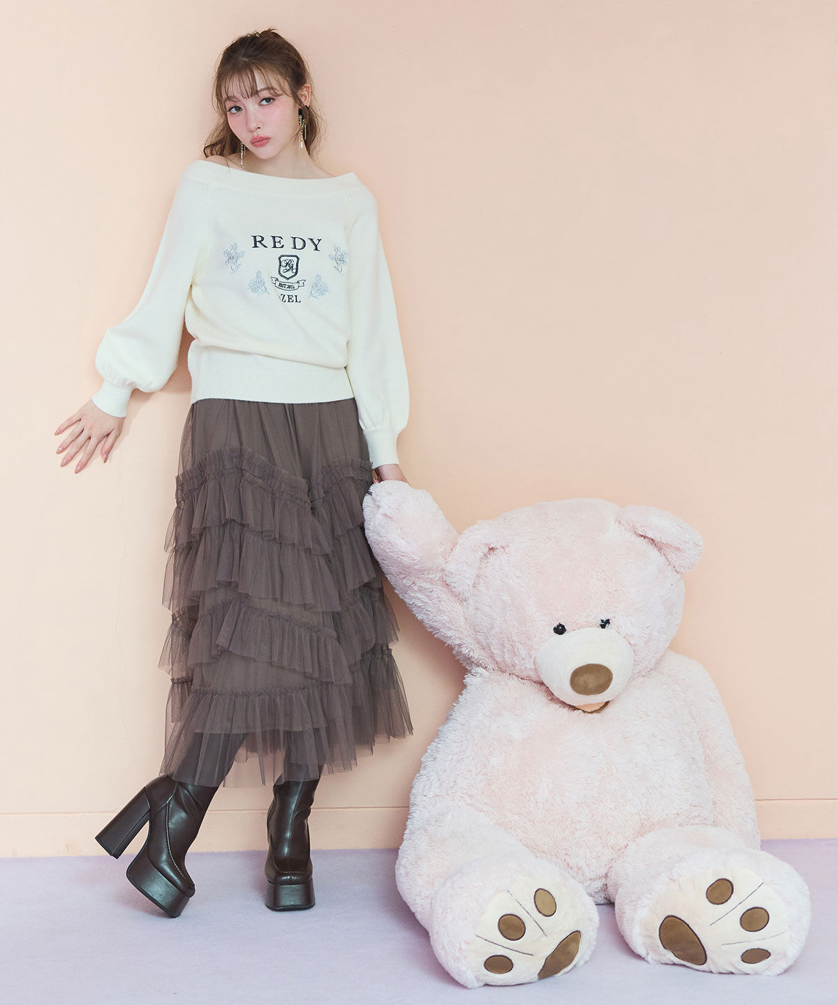 REDYAZEL「ギャザーチュールティアードロングスカート」|フレア|ブラウン