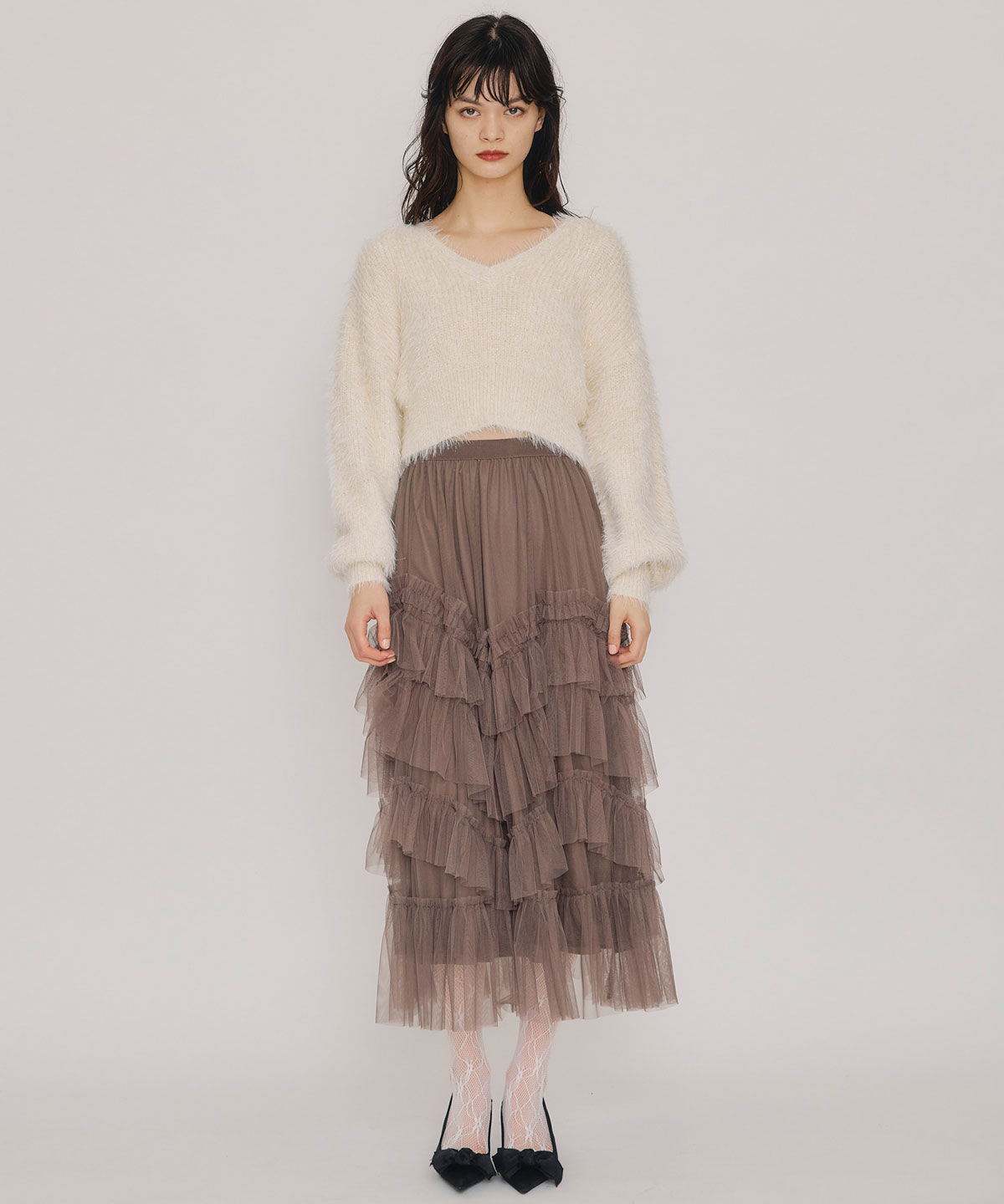 REDYAZEL「ギャザーチュールティアードロングスカート」|フレア|