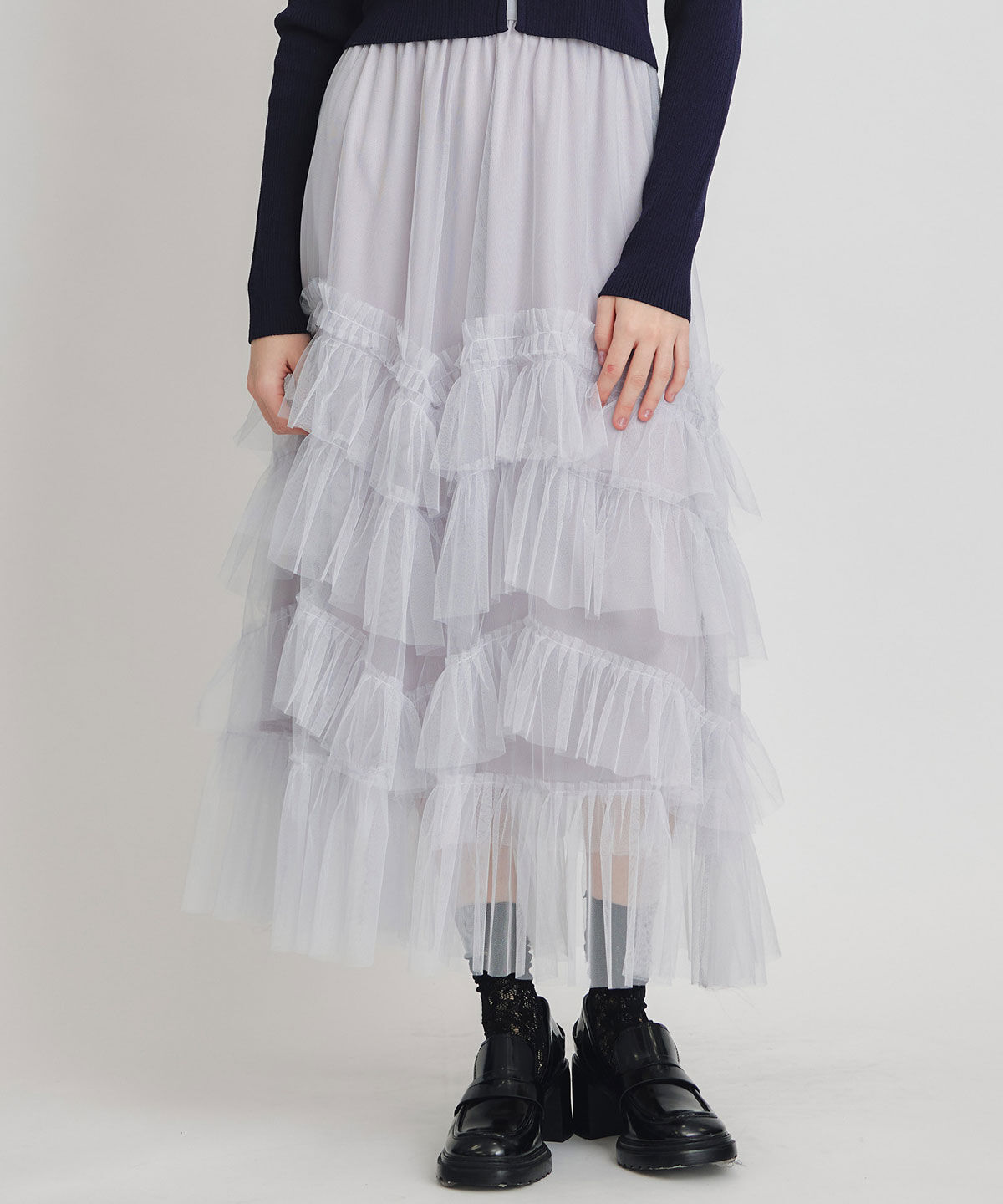 REDYAZEL「ギャザーチュールティアードロングスカート」|フレア|ライトグレー