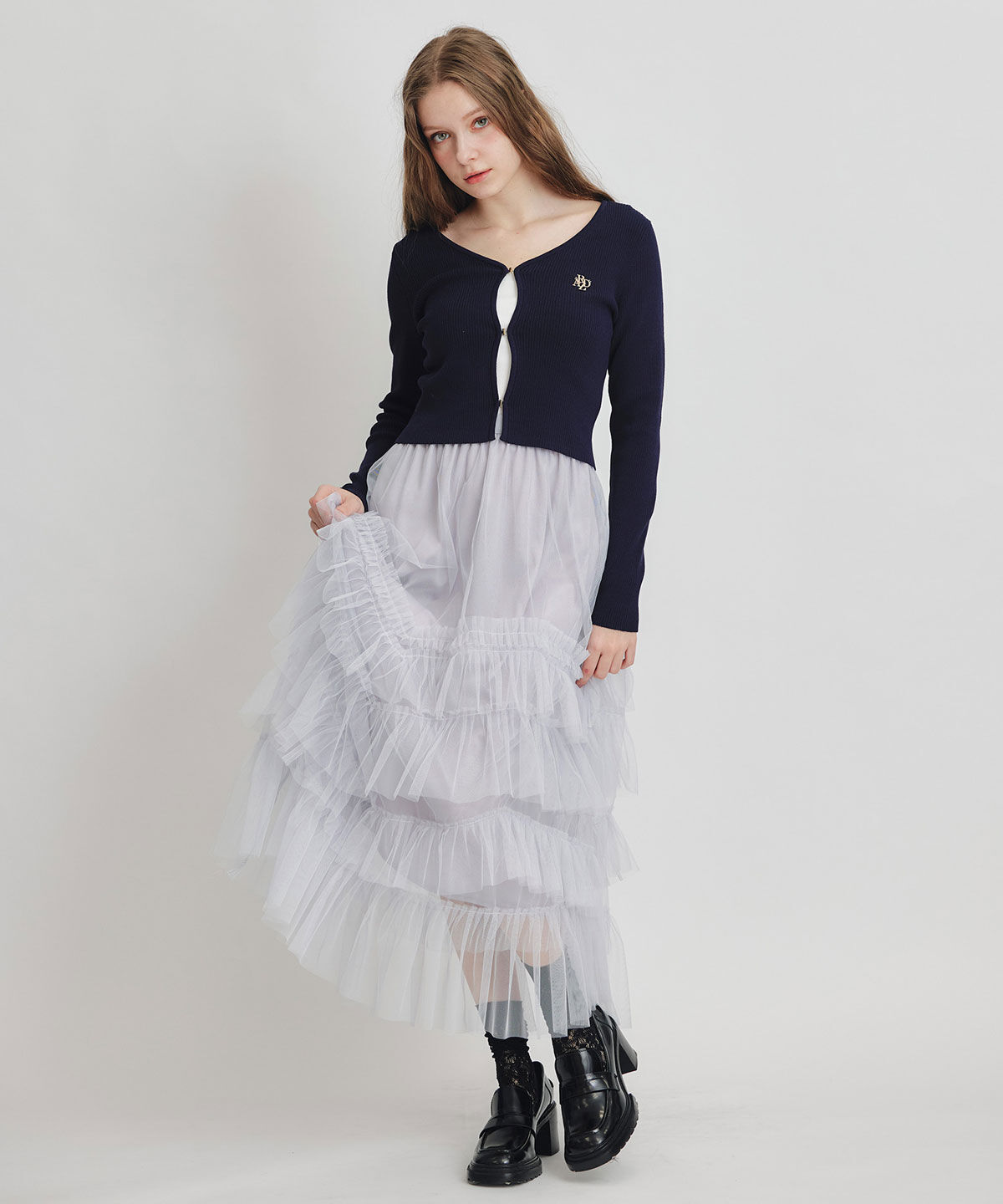 REDYAZEL「ギャザーチュールティアードロングスカート」|フレア|