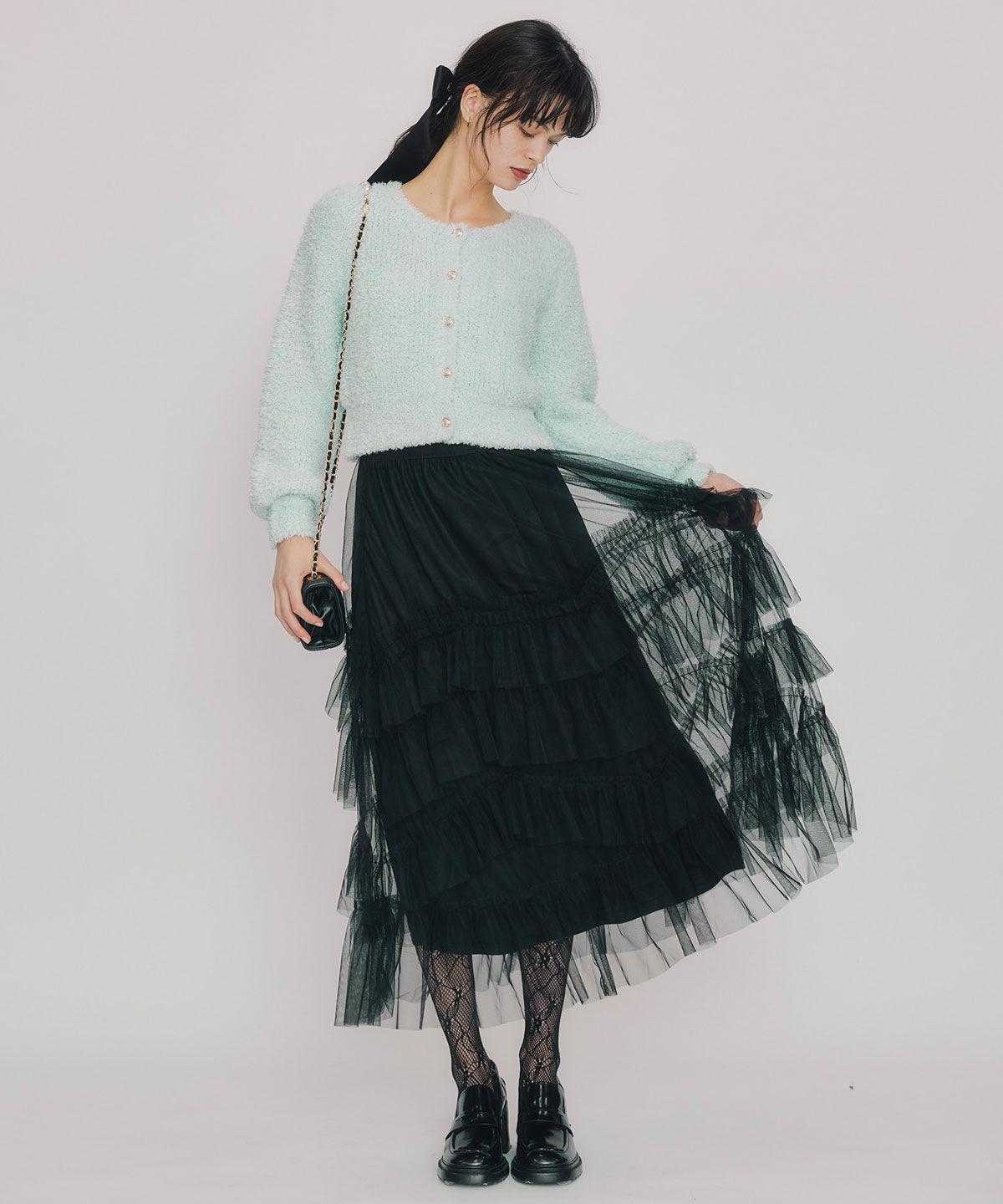 REDYAZEL「ギャザーチュールティアードロングスカート」|フレア|
