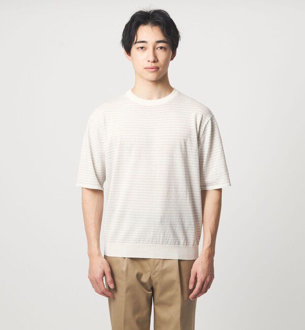 UNITED ARROWS green label relaxing「リネン ポリエステル ボーダー クルーネック 半袖 ニット -ウォッシャブル-」|ニット・セーター|